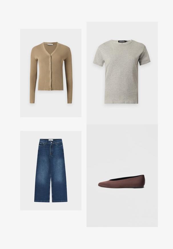 Cardigan beige en maille côtelée avec encolure en V, manches longues et cinq boutons à l'avant.; T-shirt en coton gris clair à manches courtes et col rond avec une étiquette noire visible à l'intérieur du col indiquant "DENIM" et la taille "S."; Jean en denim bleu taille haute à jambes larges avec bouton avant, fermeture éclair, passants de ceinture, cordon de serrage et détails délavés sur les cuisses.; Ballerines en tissu marron avec un bout pointu et une texture lisse, dotées d'un talon bas et d'une fine semelle noire. Aucune motif ni élément métallique visible.