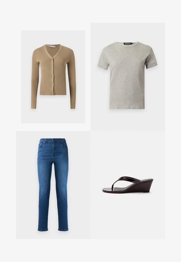 Cárdigan de punto beige acanalado con escote en V, mangas largas y cinco botones delanteros.; Camiseta de algodón gris claro de manga corta con cuello redondo y etiqueta negra visible dentro del cuello que dice "DENIM" y talla "S".; Vaqueros de mezclilla azul con corte recto, que cuentan con una bragueta de botón y cremallera, bolsillos delanteros y un ligero desgaste en los muslos.; Sandalia de cuña de charol marrón con tira entre los dedos y punta abierta, mostrada de perfil sobre un fondo liso.