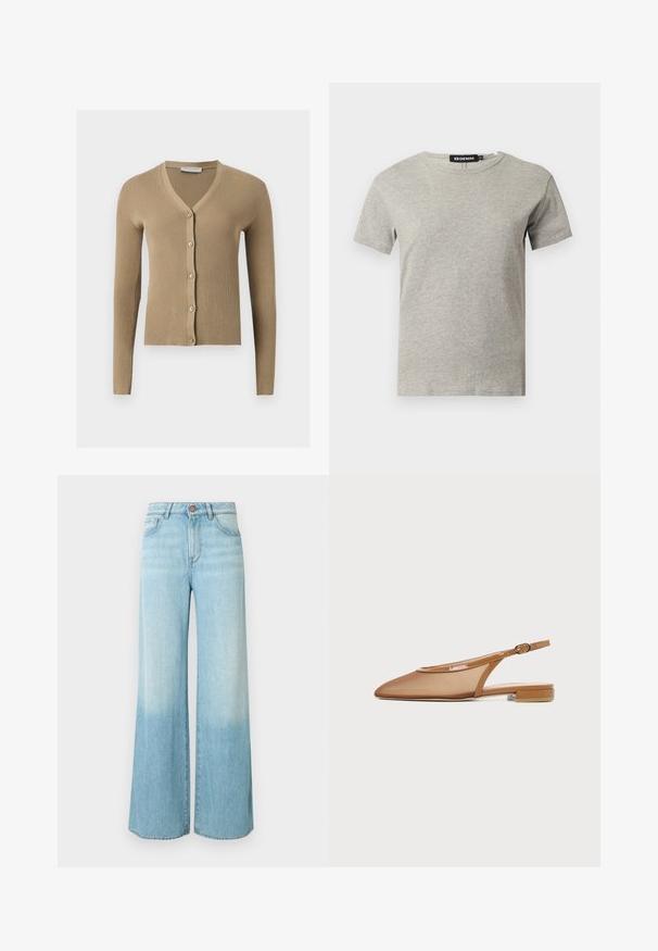 Cardigan beige en maille côtelée avec encolure en V, manches longues et cinq boutons à l'avant.; T-shirt en coton gris clair à manches courtes et col rond avec une étiquette noire visible à l'intérieur du col indiquant "DENIM" et la taille "S."; Jean large en denim bleu clair, avec un lavage délavé, une taille haute, des poches avant et une fermeture à un bouton.; Chaussure plate à bride arrière marron avec bout pointu, fine bride avec boucle et petit talon bloc sur fond blanc.