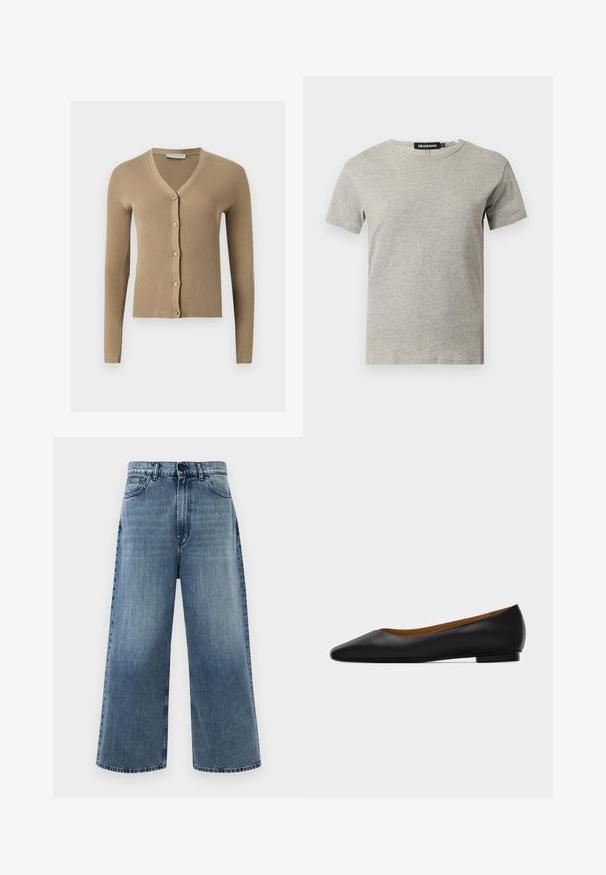Beige geribbelde gebreide cardigan met V-hals, lange mouwen en vijf knopen aan de voorkant.; Lichtgrijs katoenen T-shirt met korte mouwen en ronde hals, met een zichtbaar zwart label in de kraag met de tekst "DENIM" en maat "S".; Lichtblauwe wijde jeans van denim, met een hoge taille, voorzakken en klassieke stiksels. Geen zichtbare versieringen.; Zwarte leren puntschoen met lage hak en gladde afwerking, zijaanzicht op een lichtgrijze achtergrond.