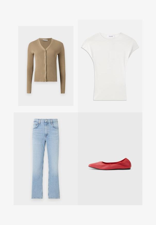 Cardigan beige en maille côtelée avec encolure en V, manches longues et cinq boutons à l'avant.; Chemise blanche à manches courtes en tissu côtelé doux. Encolure ras du cou ; coupe décontractée avec des manches légèrement bouffantes. Étiquette de la marque visible au niveau de l'encolure.; Jean en denim bleu clair avec une coupe droite, taille haute et décoloration subtile. Il présente un style classique à cinq poches et une fermeture éclair.; Filippa K REY FLATS - Ballerines - bright red