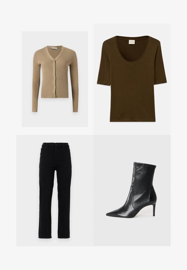Cardigan beige en maille côtelée avec encolure en V, manches longues et cinq boutons à l'avant.; Chemise marron à manches courtes en tissu doux, avec un col arrondi et un design simple et épuré. Aucun motif ni détail supplémentaire.; Jeans en denim noir avec des jambes droites, une taille mi-haute et cinq poches. Comprend une fermeture à bouton à l'avant et des passants de ceinture.; Bottes noires à la cheville en cuir lisse, dotées d'un bout pointu, d'un tige ajustée et d'un talon haut fin. Design minimaliste sans quincaillerie visible.