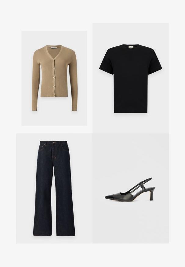 Beige geribbelde gebreide cardigan met V-hals, lange mouwen en vijf knopen aan de voorkant.; Zwart T-shirt met korte mouwen en een ronde hals met een klein wit labeltje bij de hals met de merknaam "CLOSED."; Donkerblauwe wijde jeans gemaakt van denim, met oranje stiksels, twee voorzakken en een knoopsluiting bij de tailleband.; Zwarte leren slingback schoen met een puntige neus, voorzien van een glanzend detail op de neuskap en een hak van gemiddelde hoogte. Open zijkant ontwerp.