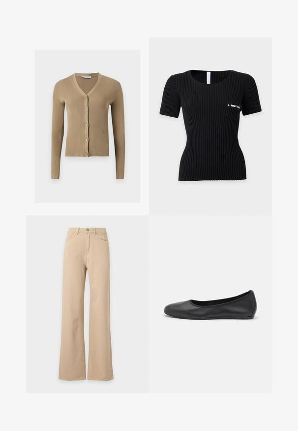Cardigan beige en maille côtelée avec encolure en V, manches longues et cinq boutons à l'avant.; Haut court ajusté noir côtelé avec col rond et petite écusson sur la poitrine gauche avec texte blanc.; Pantalon beige taille haute, jambes larges, fermeture à boutons devant, poches avant et arrière, présenté sur fond blanc.; Ballerines en cuir noir avec un bout rond, texture lisse, détails de couture minimalistes et design de semelle flexible.