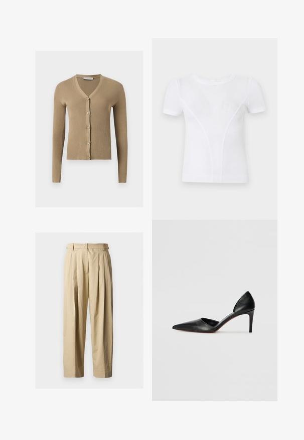 Beige geribbelde gebreide cardigan met V-hals, lange mouwen en vijf knopen aan de voorkant.; Wit ribgebreid T-shirt met korte mouwen, een ronde hals en subtiele gebogen naaddetails aan de voorkant.; Beige hoge taille plissé broek met lussen voor riem, voorrits en rechte wijde pijpen op een effen achtergrond.; Zwarte leren hoge hakken met een spitse neus, open zijkanten en een slanke uitstraling. Beschikt over een dunne hak en een rode zoolaccent.