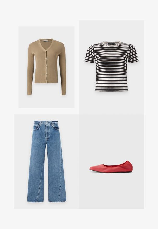 Beige geribbelde gebreide cardigan met V-hals, lange mouwen en vijf knopen aan de voorkant.; Zwart-wit horizontaal gestreept ribgebreid shirt met korte mouwen, een ronde halslijn en een strakke pasvorm.; Wijdvallende blauwe denim jeans met een hoge taille, knoopsluiting en kleine zakken aan de voorkant. De stof heeft een subtiele textuur en een vervaagde afwerking.; Filippa K REY FLATS - Ballerina's - bright red