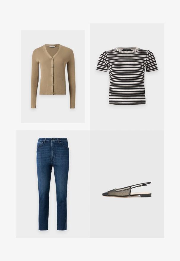 Beige ribstrikket cardigan med V-hals, lange ærmer og fem knapper foran.; Sort og hvidt vandretstribet kortærmet ribstrikket top med rund halsudskæring og en slank pasform.; Blå slim-fit jeans med klassisk fem-lomme design og knaplukning, med subtil fading og ren lige ben skæring.; Sort og guld slingback sko med spids tå, mesh-design og flad sål. Har en tynd ankelrem med en cirkulær spændeaccent.