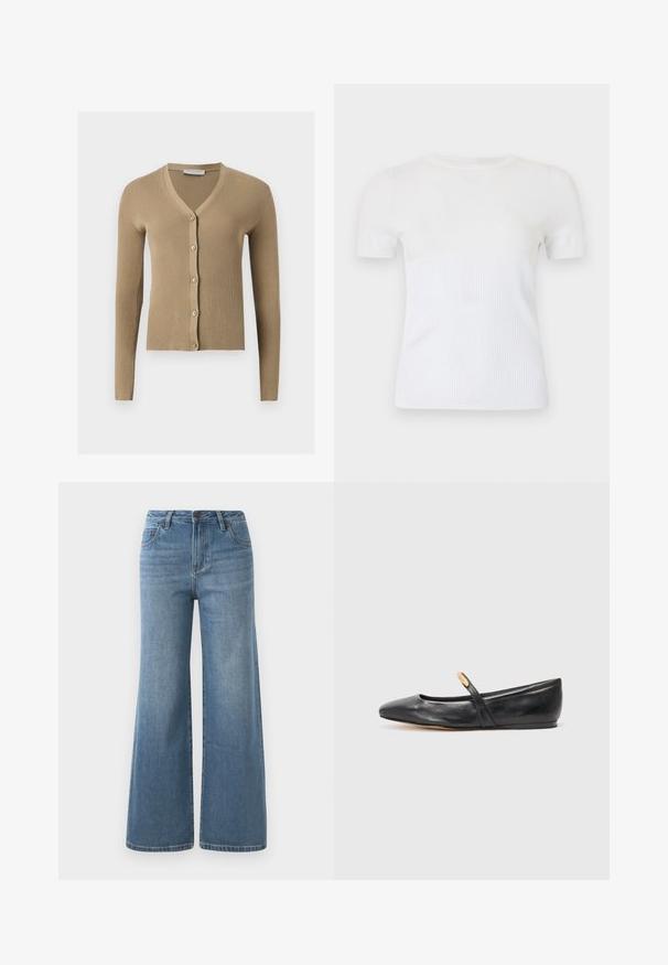 Beige geribbelde gebreide cardigan met V-hals, lange mouwen en vijf knopen aan de voorkant.; Wit t-shirt met korte mouwen gemaakt van geribbelde gebreide stof. Voorzien van een ronde halslijn en een aansluitend silhouet. Overal een gladde textuur.; Lichtblauwe wijde denim jeans met hoge taille, knoop- en ritssluiting en voorzakken.; Zwarte leren balletschoenen met een spitse neus, een slanke band en een klein gouden accent nabij de band. Gladde textuur en een lage hak.