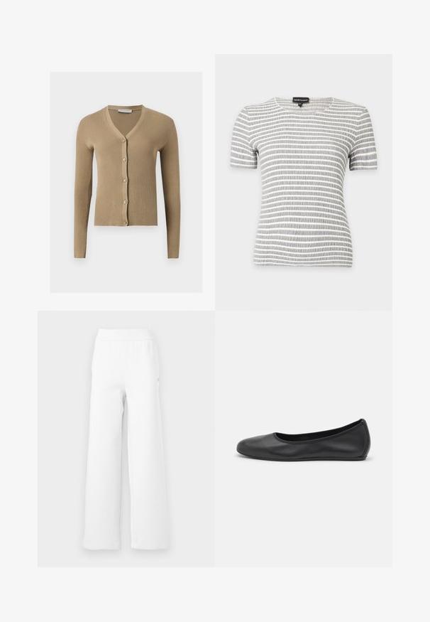 Cardigan beige en maille côtelée avec encolure en V, manches longues et cinq boutons à l'avant.; Chemise à manches courtes rayée horizontale grise et blanche avec un col rond et un tissu texturé sur un fond uni.; Pantalons de survêtement larges blancs en mélange de coton doux avec une taille élastique et des coutures épurées et minimales. Sans poches ni motifs.; Ballerines en cuir noir avec un bout rond, texture lisse, détails de couture minimalistes et design de semelle flexible.