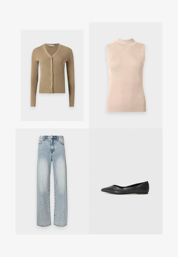 Beige ribstrikket cardigan med V-hals, lange ærmer og fem knapper foran.; Ærmeløs top med høj hals i blød beige ribstrikket stof. Har en diskret glans, figursyet pasform og en lille logoaccents ved halsudskæringen.; Lyseblå vidde bukser i denim med høj talje, fem-lomme design, slidte detaljer og synlige syninger.; Sorte læder balletlejersko med spids tå, lav hæl og glat overflade. Minimalistisk design med en diskret sideaccent.