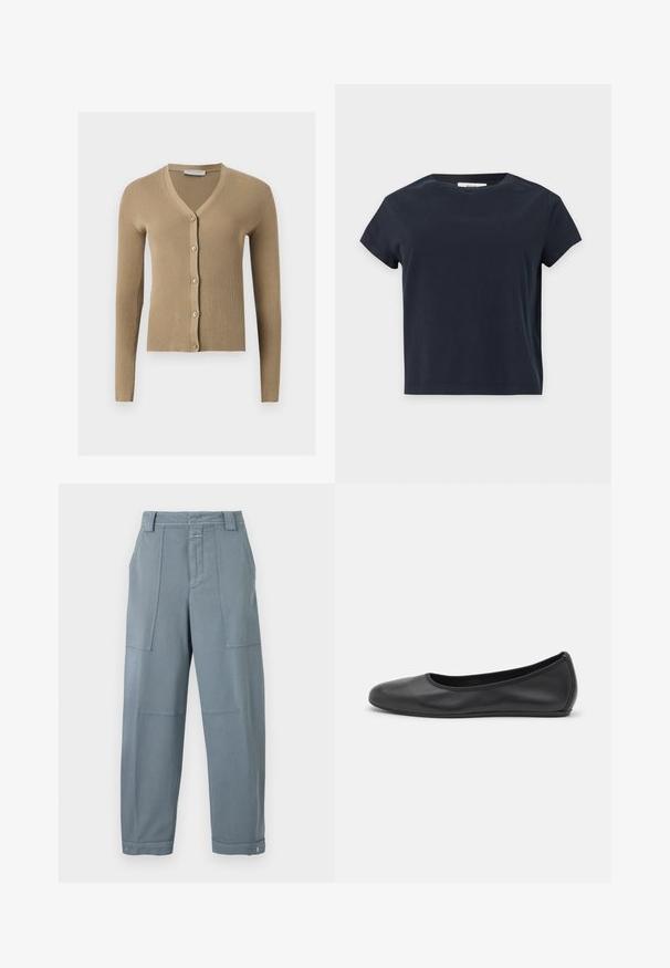 Cardigan beige en maille côtelée avec encolure en V, manches longues et cinq boutons à l'avant.; T-shirt noir uni à manches courtes et col rond avec un ourlet droit sur un fond gris clair.; Pantalon droit bleu-gris avec poches plaquées à l'avant, passants pour ceinture, taille boutonnée et poignets réglables à pression aux chevilles.; Ballerines en cuir noir avec un bout rond, texture lisse, détails de couture minimalistes et design de semelle flexible.