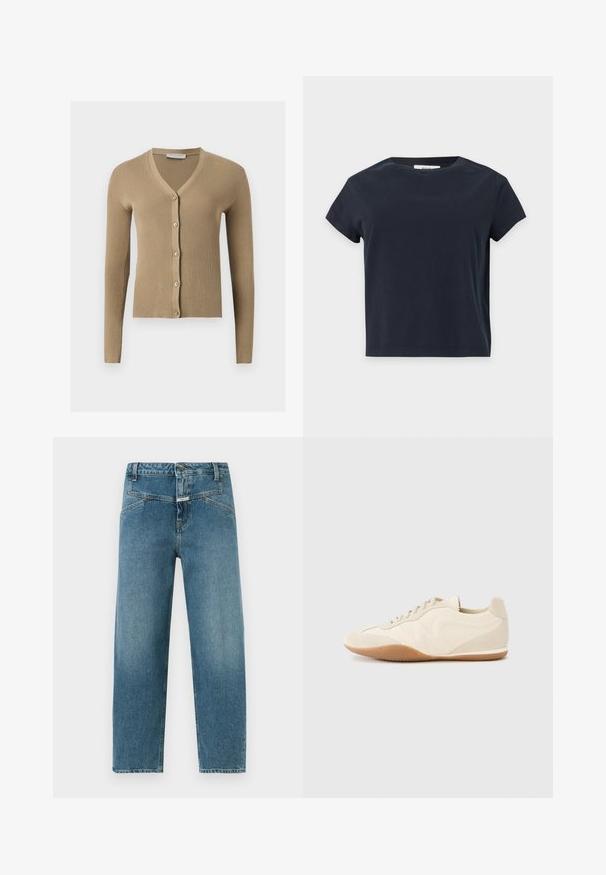 Cardigan beige en maille côtelée avec encolure en V, manches longues et cinq boutons à l'avant.; T-shirt noir uni à manches courtes et col rond avec un ourlet droit sur un fond gris clair.; Jean bleu droit taille haute avec fermeture avant boutonnée et zippée, poches latérales inclinées, et léger effet délavé le long des jambes.; Baskets beige clair avec une tige en cuir texturé, des panneaux latéraux texturés et une semelle en caoutchouc. Dotées d'un design fin et épuré ainsi que de lacets plats.