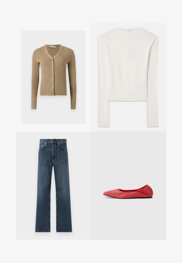 Cardigan beige en maille côtelée avec encolure en V, manches longues et cinq boutons à l'avant.; Haut à manches longues blanc en coton, dotée d'un col ras du cou simple et d'une coupe ajustée. Le tissu est lisse avec une légère élasticité.; Jean en denim bleu droit avec cinq poches et une fermeture à bouton, présenté sur un fond blanc.; Filippa K REY FLATS - Ballerines - bright red