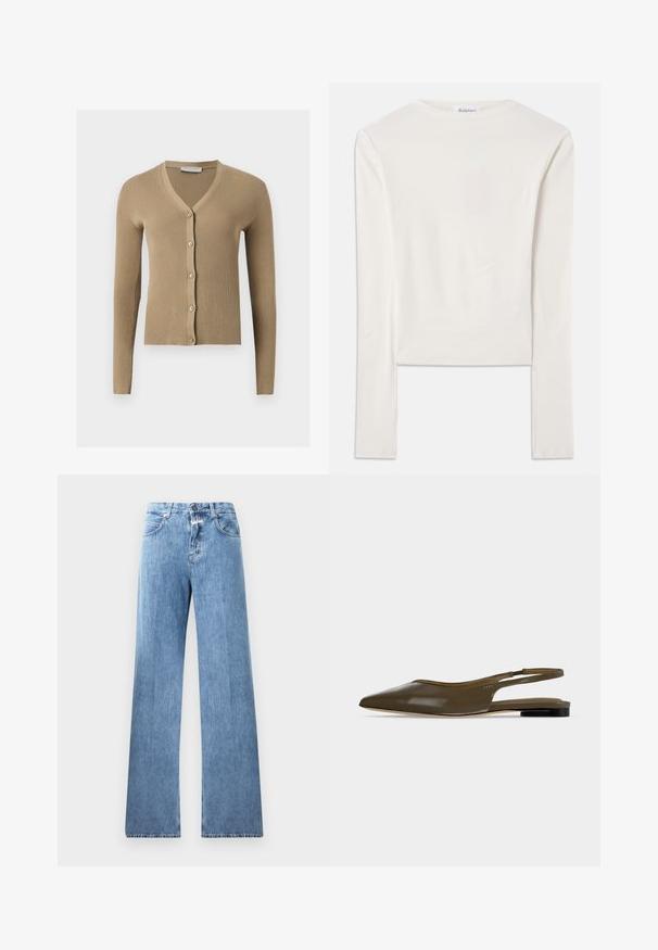 Beige ribstrikket cardigan med V-hals, lange ærmer og fem knapper foran.; Hvid langærmet top lavet af bomuld, med en simpel rund hals og en slim fit. Stof er glat med en let stræk.; Lyseblå denim jeans med vid ben-design, fem lommer, bæltestropper og knaplukning. Stofmaterialet har en glat tekstur.; Olivengrøn spids tå slingback flad sko med lav sort hæl og en glat, skinnende finish.