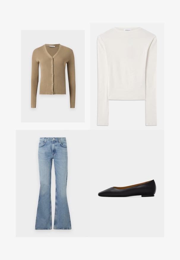 Beige ribstrikket cardigan med V-hals, lange ærmer og fem knapper foran.; Hvid langærmet top lavet af bomuld, med en simpel rund hals og en slim fit. Stof er glat med en let stræk.; Lys blå, flagrende jeans lavet af denim, med høj talje, fem-lomme-design og subtil falming i hele stoffet.; Sort læder flad sko med spids tå, lav hæl og glat finish, vist fra siden på en lysegrå baggrund.