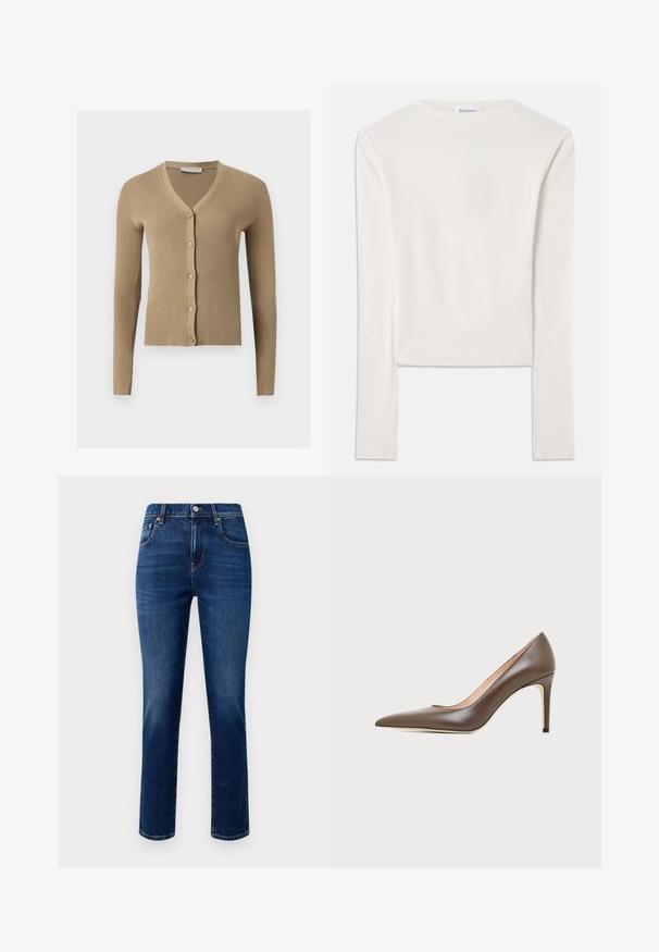 Cárdigan de punto beige acanalado con escote en V, mangas largas y cinco botones delanteros.; Camiseta blanca de manga larga hecha de algodón, con un sencillo cuello redondo y un ajuste ceñido. La tela es suave con un ligero estiramiento.; Jeans de mezclilla en azul oscuro, con corte recto, diseño de cinco bolsillos y cierre frontal de botón metálico. Textura suave, sin patrones visibles.; Zapato de tacón alto de piel marrón con puntera puntiaguda, tacón de aguja estrecho y acabado suave sobre un fondo claro.