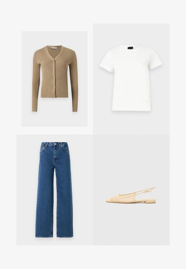 Beige ribstrikket cardigan med V-hals, lange ærmer og fem knapper foran.; Enkelt hvid T-shirt med korte ærmer og rund hals, vist på en lysegrå baggrund.; Blå høj talje brede bukser med frontknap og lynlås, forlommer og bæltestropper på en hvid baggrund.; Slingback fladsko i lys beige med en mesh-overdel, spids tå og en lav hæl. Har en justerbar strop for bedre pasform.