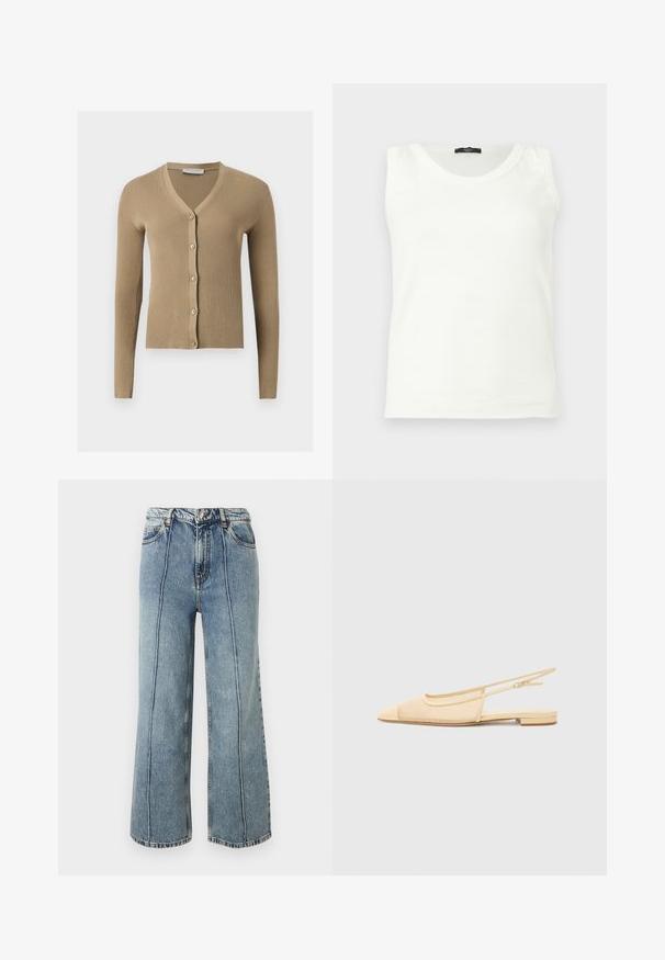 Cardigan beige en maille côtelée avec encolure en V, manches longues et cinq boutons à l'avant.; Débardeur blanc sans manches à col rond avec étiquette noire au col, présenté sur un fond clair uni.; Jean denim bleu taille haute avec jambes larges, bouton et zip à l'avant, poches latérales et coutures verticales visibles sur chaque jambe.; Chaussure plate slingback en beige clair avec une tige en maille, un bout pointu et un petit talon. Dotée d'une sangle ajustable pour un bon maintien.