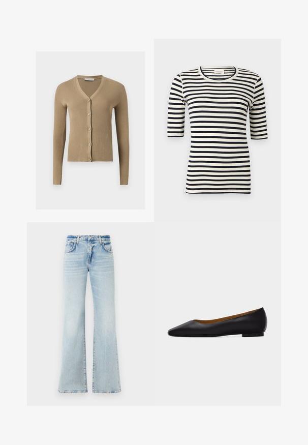 Beige geribbelde gebreide cardigan met V-hals, lange mouwen en vijf knopen aan de voorkant.; Zwart-wit horizontaal gestreept aansluitend shirt met ellelange mouwen en ronde hals.; Uitlopende lichtblauwe denim jeans met een zachte textuur, vijf zakken en een knoopsluiting. Heeft vervaging voor een versleten effect.; Zwarte leren puntschoen met lage hak en gladde afwerking, zijaanzicht op een lichtgrijze achtergrond.