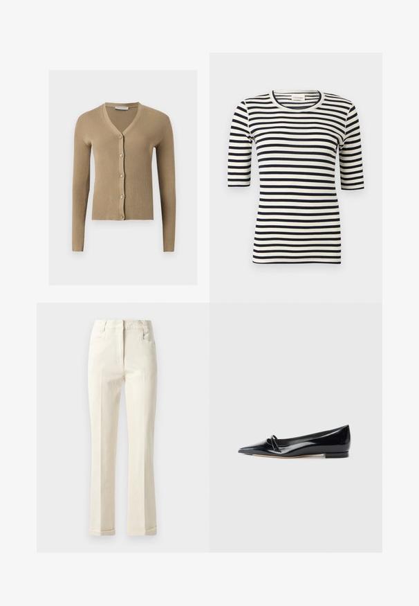 Cardigan beige en maille côtelée avec encolure en V, manches longues et cinq boutons à l'avant.; Chemise ajustée à rayures horizontales noires et blanches avec manches jusqu'au coude et col rond.; Pantalons beiges à jambe droite en tissu mélangé coton, avec une taille mi-haute, des poches avant et une texture subtile à la surface.; Chaussure plate en cuir verni noir avec un bout pointu, une petite lanière décorative et un petit talon carré. Texture lisse et design épuré.