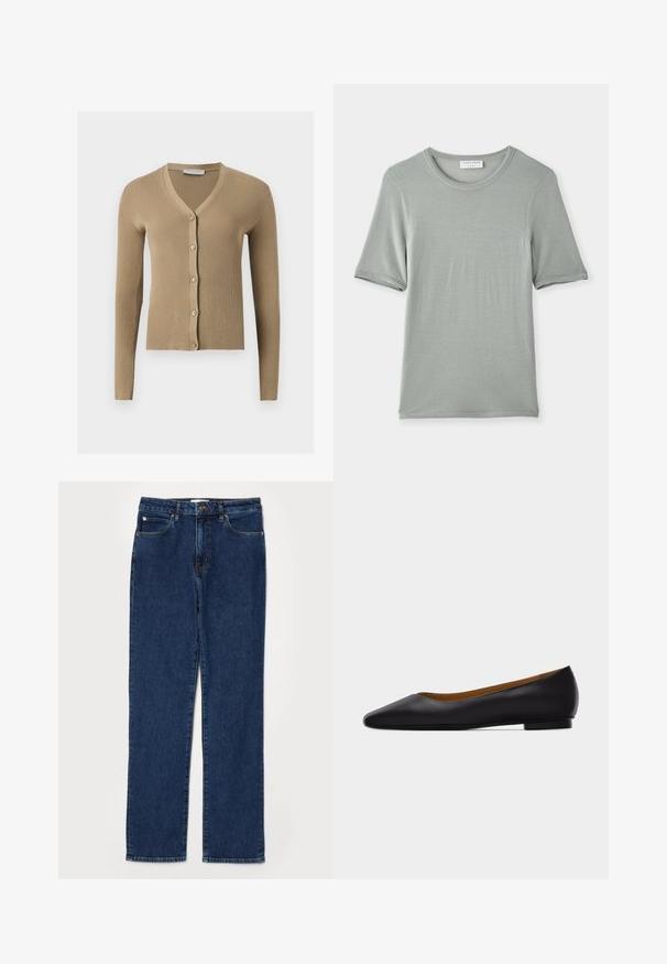 Beige ribstrikket cardigan med V-hals, lange ærmer og fem knapper foran.; Kortærmet t-shirt med rund hals i lys grå, lavet af blødt stof med en glat tekstur og diskret syninger på ærmerne og halsen.; Denim jeans i mørkeblå farve, lige ben design, fem-lommer stil, med en robust talje og synlige syning detaljer.; Sort læder flad sko med spids tå, lav hæl og glat finish, vist fra siden på en lysegrå baggrund.