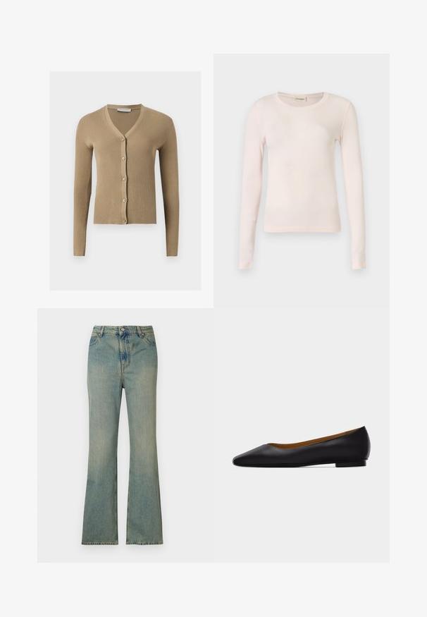 Beige ribstrikket cardigan med V-hals, lange ærmer og fem knapper foran.; Lyserød langærmet top lavet af blødt, elastisk stof. Har rund halsudskæring og en tætsiddende pasform uden synlige mønstre eller detaljer.; Lysblå denim flare jeans med høj talje, fem lommer og lynlås. Ren, falmet finish med subtile syninger.; Sort læder flad sko med spids tå, lav hæl og glat finish, vist fra siden på en lysegrå baggrund.