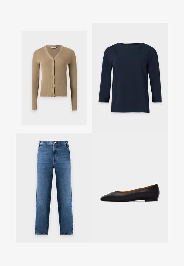 Cardigan beige en maille côtelée avec encolure en V, manches longues et cinq boutons à l'avant.; Chemise bleu marine à manches longues avec un col rond et un ourlet droit, affichée sur un fond gris clair uni.; Jean droit bleu à taille haute, fabriqué en denim. Présente une fermeture à bouton et zip à l'avant, avec un léger délavage sur le tissu.; Chaussure plate en cuir noir à bout pointu avec talon bas et finition lisse, vue de côté sur un fond gris clair.