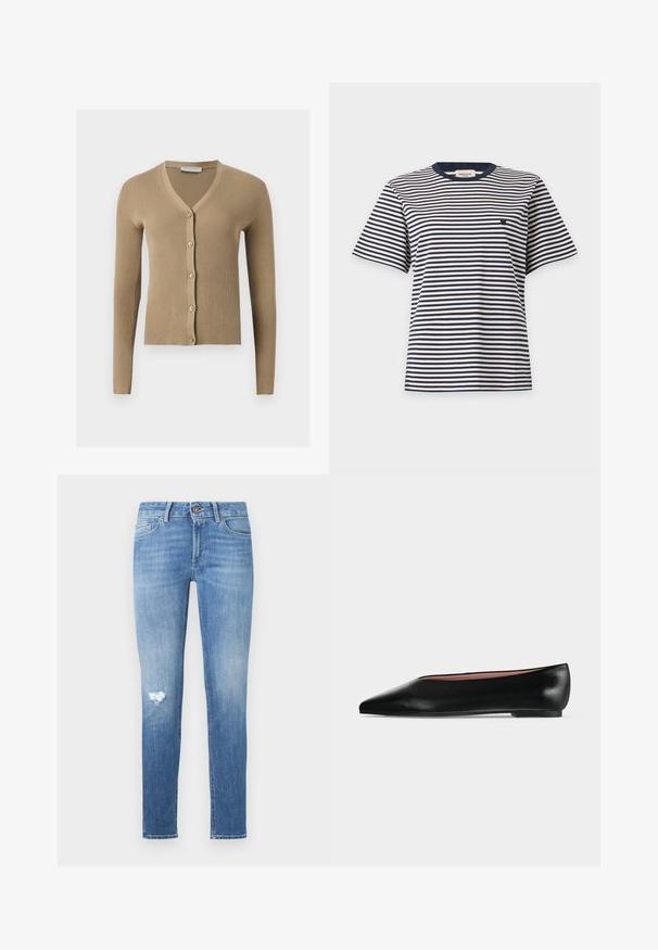 Cardigan beige en maille côtelée avec encolure en V, manches longues et cinq boutons à l'avant.; Chemise à manches courtes avec des rayures horizontales noires et blanches et un petit logo brodé sur la poitrine gauche, présentée sur un fond uni.; Jean skinny bleu avec un effet délavé et un petit trou usé sur la cuisse gauche, doté de poches avant et d'une fermeture à bouton.; Chaussure plate en cuir noir pour femme, avec bout pointu et petit talon, vue de côté sur un fond gris clair uni.