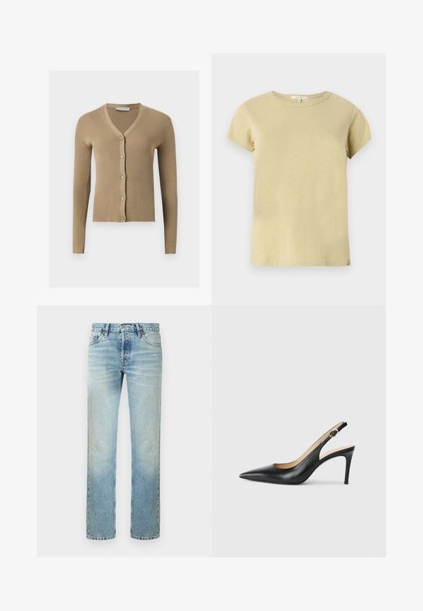 Beige Rippenstrick-Cardigan mit V-Ausschnitt, langen Ärmeln und fünf vorderen Knöpfen.; Schlichtes hellbeiges T-Shirt aus Baumwolle mit kurzen Ärmeln und rundem Halsausschnitt, mit einem kleinen Stoffetikett am unteren Saum auf der rechten Seite.; Hellblaue Jeans mit geradem Bein, traditionellem Fünf-Taschen-Design und Knopfverschluss an der Taille.; Schwarze Leder-Slingback-High-Heels mit spitzem Zehenbereich, verstellbarem Riemen und schlankem Stiletto-Absatz, ausgestattet mit einer glatten Oberfläche.