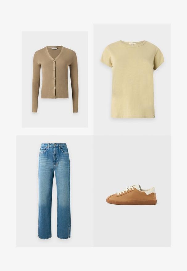 Beige ribstrikket cardigan med V-hals, lange ærmer og fem knapper foran.; Enkelt lysebeige kortærmet bomulds-T-shirt med rund hals og en lille stofmærkat nederst i højre side.; Lys blå denim jeans med høj talje, lige ben og slidser i kanten. Har et traditionelt fem-lomme design og knaplukning.; Brun lædersneaker med cremefarvet snørelukning, en struktureret finish og en hvid hælkappe med nitte-detaljer. Gummisål.