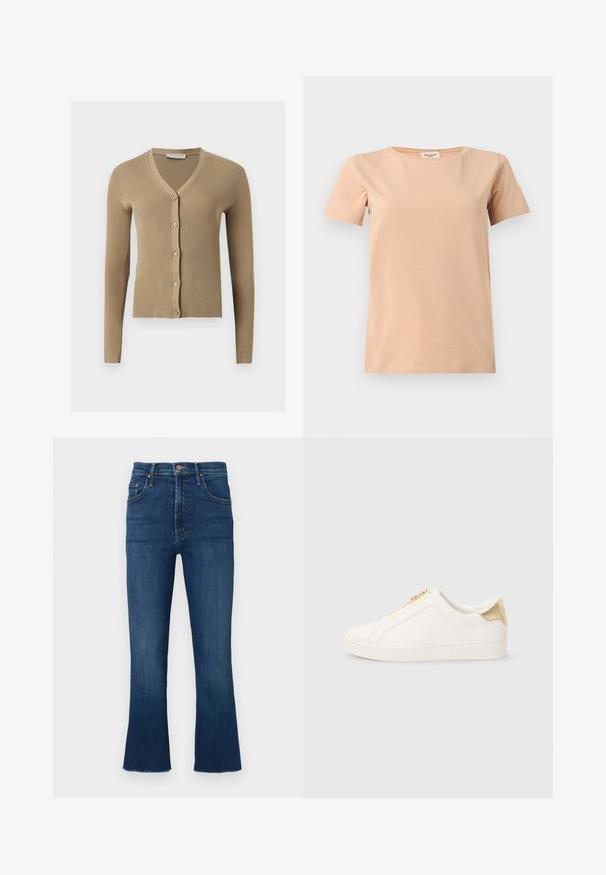 Beige ribstrikket cardigan med V-hals, lange ærmer og fem knapper foran.; Beige kortærmet T-shirt med rund halsudskæring og lige kant på en ensfarvet lysegrå baggrund.; Blå jeans med høj talje og vide ben, frontknap og lynlåslukning samt fem-lomme-stil, vist på ensfarvet baggrund.; Hvide slip-on sneakers lavet af glat læder med en guldfarvet lynlås og detalje nær hælen med en struktureret finish samt logo præget på siden.