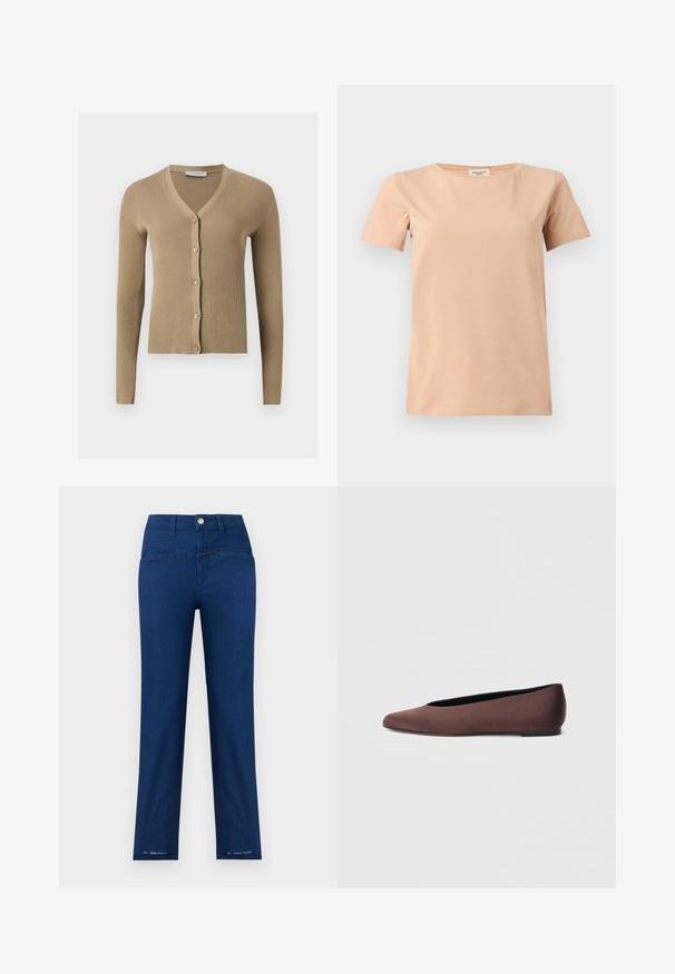 Cardigan beige en maille côtelée avec encolure en V, manches longues et cinq boutons à l'avant.; T-shirt beige manches courtes avec col rond et ourlet droit sur un fond uni gris clair.; Pantalon droit bleu marine taille haute avec bouton frontal, passants de ceinture, et petit texte "Pedal Pusher" près de l'ourlet sur les deux jambes.; Ballerines en tissu marron avec un bout pointu et une texture lisse, dotées d'un talon bas et d'une fine semelle noire. Aucune motif ni élément métallique visible.