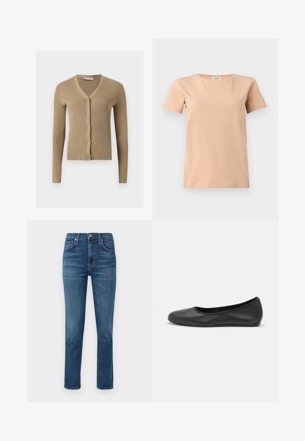 Beige ribstrikket cardigan med V-hals, lange ærmer og fem knapper foran.; Beige kortærmet T-shirt med rund halsudskæring og lige kant på en ensfarvet lysegrå baggrund.; Mørkeblå denim jeans med lige ben, fem-lomme design og en metalknap i taljen. Diskret falming og syninger.; Sort læderballetsko med rund tå, glat tekstur, minimal syning og et fleksibelt såldesign.