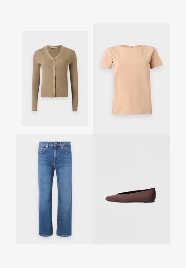 Cardigan beige en maille côtelée avec encolure en V, manches longues et cinq boutons à l'avant.; T-shirt beige manches courtes avec col rond et ourlet droit sur un fond uni gris clair.; Jean en denim bleu à jambe droite avec un design classique à cinq poches et une fermeture à bouton, présenté sur un fond blanc.; Ballerines en tissu marron avec un bout pointu et une texture lisse, dotées d'un talon bas et d'une fine semelle noire. Aucune motif ni élément métallique visible.