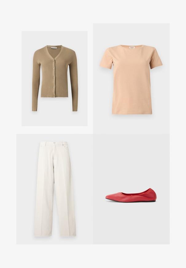 Cardigan beige en maille côtelée avec encolure en V, manches longues et cinq boutons à l'avant.; T-shirt beige manches courtes avec col rond et ourlet droit sur un fond uni gris clair.; Pantalon ample couleur blanc cassé avec passants de ceinture, bouton à l'avant, fermeture éclair et poches latérales, présenté sur un fond clair uni.; Filippa K REY FLATS - Ballerines - bright red