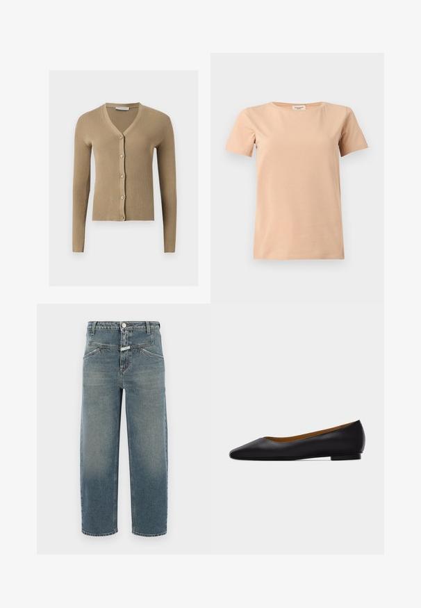 Beige geribbelde gebreide cardigan met V-hals, lange mouwen en vijf knopen aan de voorkant.; Beige T-shirt met korte mouwen, ronde hals en rechte zoom op een effen lichtgrijze achtergrond.; CLOSED STOVER X - Jeans Tapered Fit - mid blue; Zwarte leren puntschoen met lage hak en gladde afwerking, zijaanzicht op een lichtgrijze achtergrond.