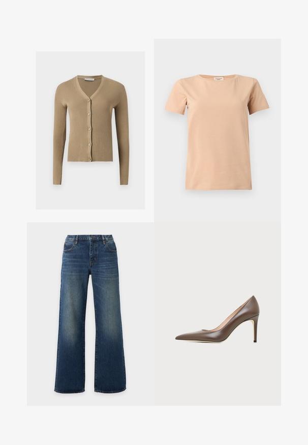 Cardigan beige en maille côtelée avec encolure en V, manches longues et cinq boutons à l'avant.; T-shirt beige manches courtes avec col rond et ourlet droit sur un fond uni gris clair.; Jean en denim bleu à jambes larges avec poches avant et zones décolorées sur les cuisses et les genoux sur un fond clair.; Chaussure à talon haut en cuir marron à bout pointu avec un talon aiguille fin et une finition lisse sur un fond clair.