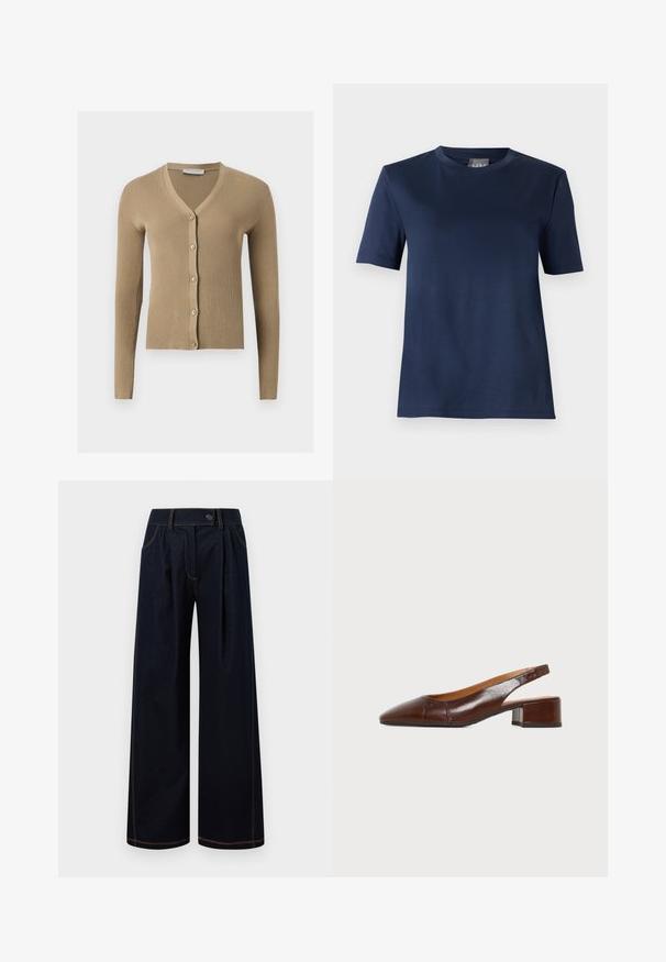 Cardigan beige en maille côtelée avec encolure en V, manches longues et cinq boutons à l'avant.; T-shirt bleu marine à manches courtes, col rond, ourlet droit et texture de tissu lisse, présenté sur un fond uni.; Pantalon large bleu foncé avec plis à l'avant, passants pour ceinture, poches latérales et surpiqûres contrastantes sur fond blanc.; Chaussure slingback pour femme en cuir marron avec bout pointu et petit talon bloc sur fond gris clair.