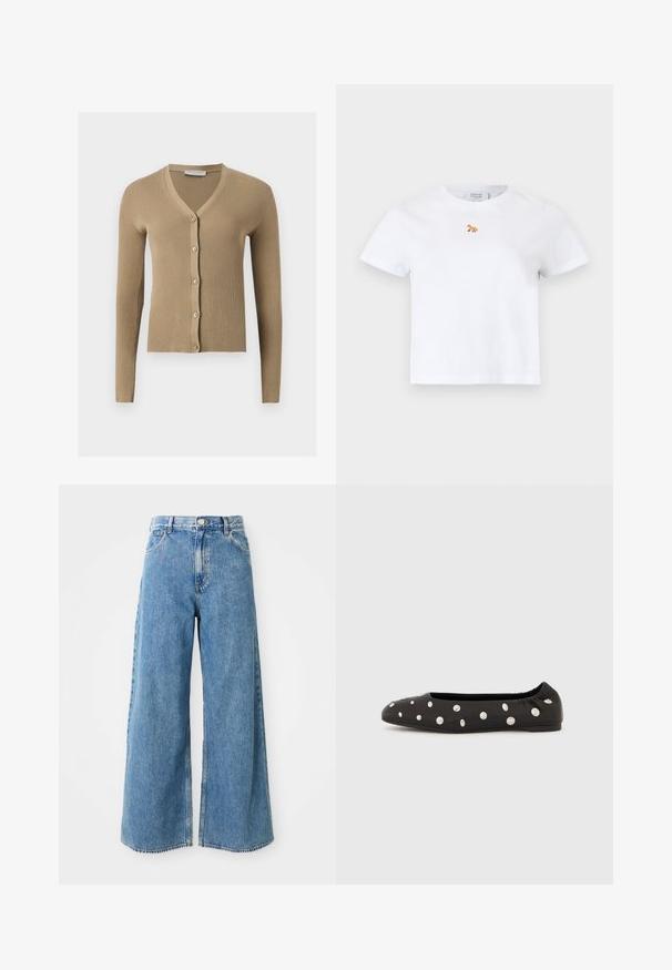 Cardigan beige en maille côtelée avec encolure en V, manches longues et cinq boutons à l'avant.; T-shirt blanc manches courtes avec petit logo renard orange brodé au centre de la poitrine, col rond et ourlet droit.; Jean en denim léger bleu clair à taille haute, avec fermeture à boutons et à glissière à l'avant, et poches avant sur fond blanc.; Chaussure ballerine noire à bride élastique à l'arrière, ornée de gros clous ronds argentés dispersés sur le dessus, vue de profil sur fond blanc.