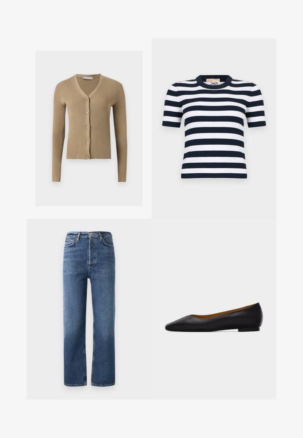 Beige geribbelde gebreide cardigan met V-hals, lange mouwen en vijf knopen aan de voorkant.; Korte mouwen geribd gebreid shirt met marineblauwe en witte horizontale strepen en een ronde hals.; Hoge taille blauwe spijkerbroek van denim, met een rechte pijp, vijf zakken en koperkleurige hardware. Glad textuur en klassiek ontwerp.; Zwarte leren puntschoen met lage hak en gladde afwerking, zijaanzicht op een lichtgrijze achtergrond.