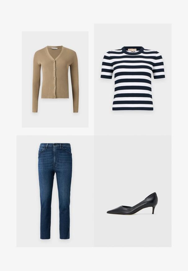 Cardigan beige en maille côtelée avec encolure en V, manches longues et cinq boutons à l'avant.; Haut à manches courtes en maille côtelée avec des rayures horizontales bleu marine et blanches et un col rond.; Jeans bleu ajustés avec un design classique à cinq poches et fermeture à bouton, présentant une légère décoloration et une coupe droite épurée.; Escarpin en cuir noir avec un bout pointu et un talon bas. Présente une texture lisse et un éclat subtil. Découpe ouverte à l'avant pour un détail supplémentaire.