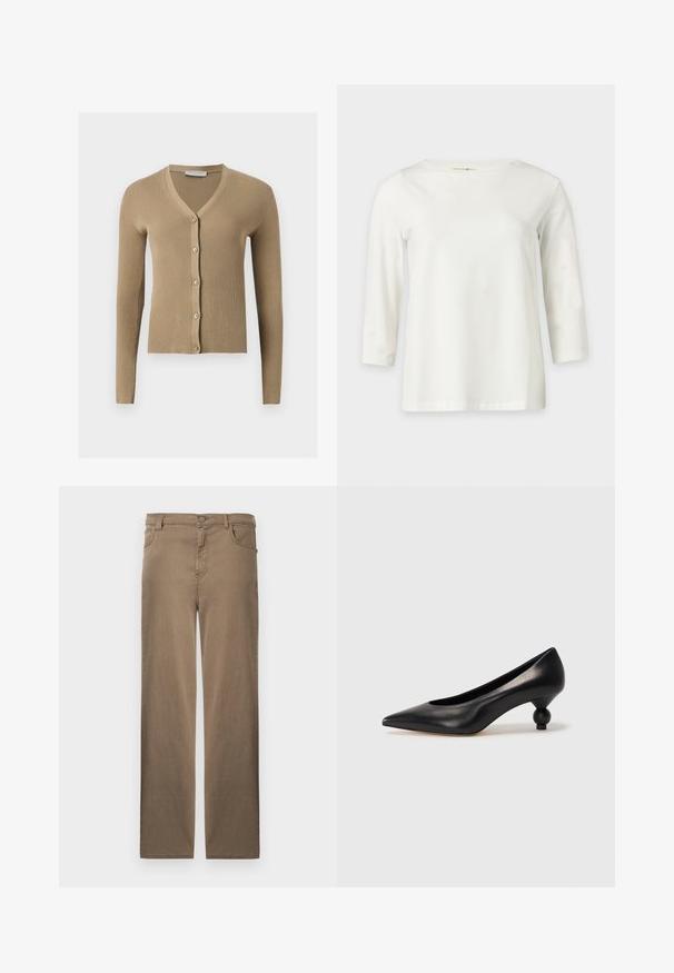 Beige ribstrikket cardigan med V-hals, lange ærmer og fem knapper foran.; Hvid langærmet skjorte med rund halsudskæring, vist på en ensfarvet lys baggrund.; Brune bukser med lige ben, forlukning med frontknap og lynlås samt lommer foran og bagpå, vist på en hvid baggrund.; Sort læder høje hæle med spids tå og rund, kugleformet hæl. Glat tekstur med et stilrent, minimalistisk design.