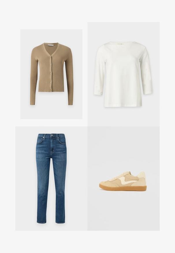 Beige geribbelde gebreide cardigan met V-hals, lange mouwen en vijf knopen aan de voorkant.; Witte blouse met lange mouwen en een ronde hals, getoond op een effen lichte achtergrond.; Donkerblauwe denim jeans met een rechte pijp, vijf zakken en een metalen knoop in de taille. Subtiele vervaging en stikseldetails.; Beige sneaker van suede en mesh materialen, ronde vorm, opvallende gepolsterde kraag en een gumrubberen zool. Kenmerkt zich door een golvend ontwerp accent.