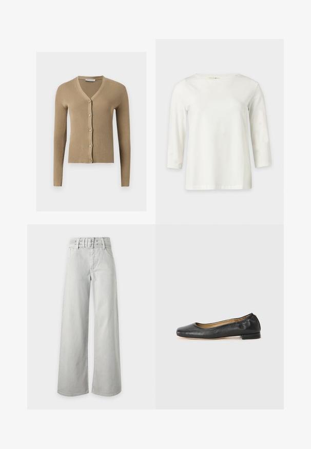 Cardigan beige en maille côtelée avec encolure en V, manches longues et cinq boutons à l'avant.; Chemise blanche à manches longues avec un col rond, présentée sur un fond clair uni.; Jean gris clair taille haute à jambes larges, avec poches avant, passants de ceinture et ceinture en tissu assortie avec boucle.; Ballerines en cuir noir avec un bout arrondi et des coutures minimales. Talon bas et rectangulaire avec une texture lisse. Détails subtils de doublure intérieure.