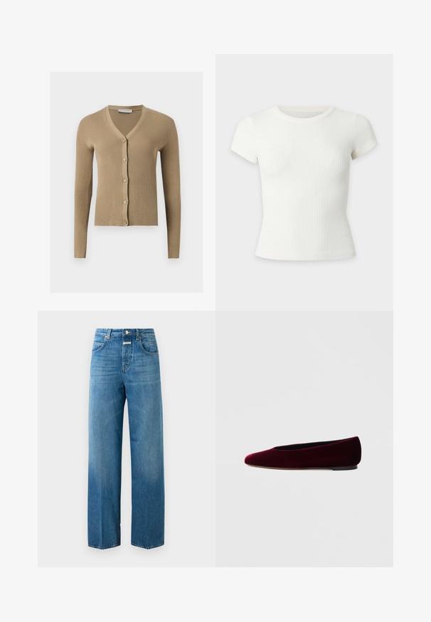 Beige Rippenstrick-Cardigan mit V-Ausschnitt, langen Ärmeln und fünf vorderen Knöpfen.; Kurzes weißes geripptes T-Shirt mit kurzen Ärmeln und rundem Ausschnitt auf einfarbigem Hintergrund.; Hochgeschnittene, gerade geschnittene blaue Jeans aus Denim mit vorderen und hinteren Taschen, Knopfverschluss und Gürtelschlaufen auf weißem Hintergrund.; Bordeauxrote Ballettschuhe aus Samt mit abgerundeter Spitze und niedrigem Absatz, mit glatter Textur und elegantem Design.