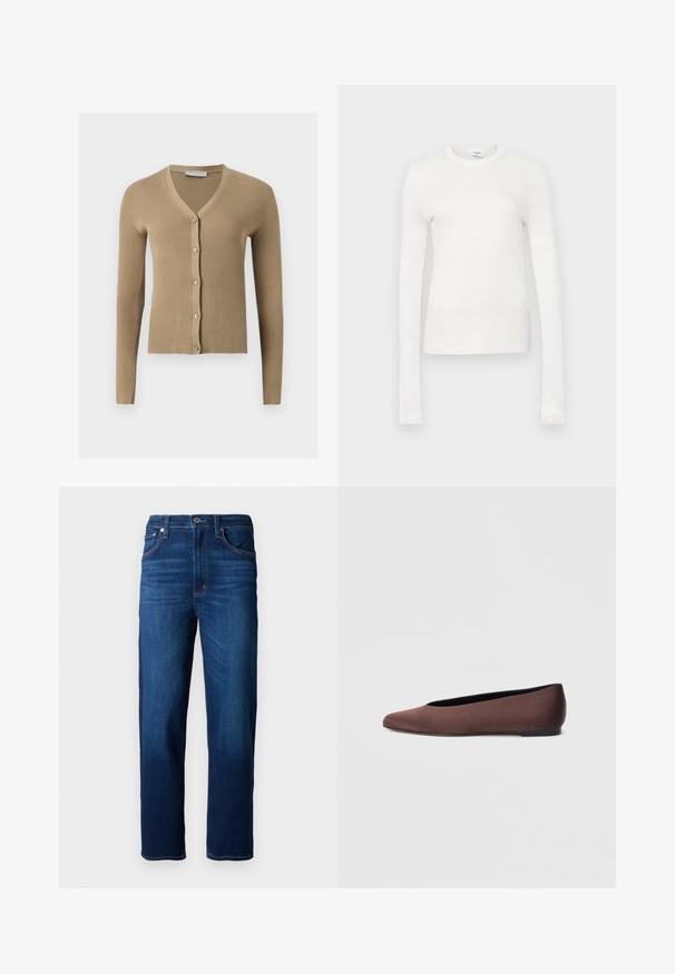 Beige ribstrikket cardigan med V-hals, lange ærmer og fem knapper foran.; Hvid langærmet t-shirt lavet af blødt bomuld. Har rund halsudskæring, tætsiddende silhuet og glat tekstur. Ingen mønstre eller accenter.; Mørkeblå denimjeans med lige pasform, fem lommer, synlige syninger og knaplukning. Glat tekstur.; Brune balletflade sko i stof med spids tå og glat tekstur, med lav hælkappe og tynd sort sål. Ingen synlige mønstre eller beslag.