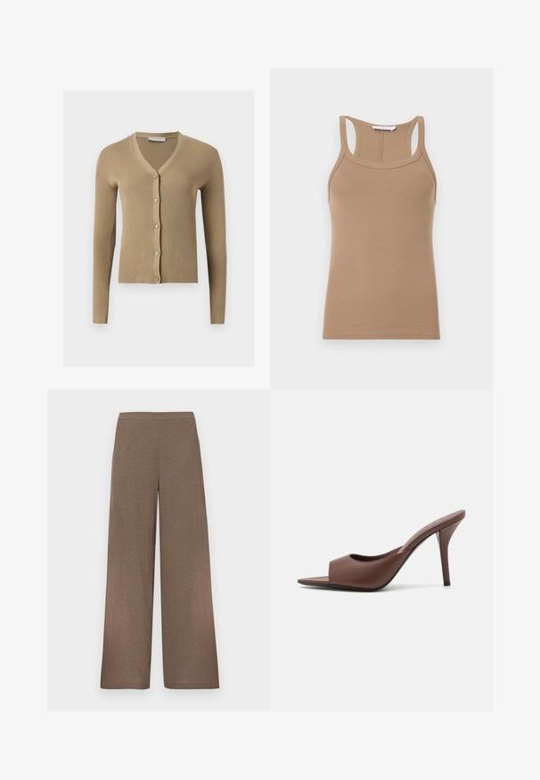 Beige värillinen ribbineulottu neuletakki V-aukolla, pitkillä hihoilla ja viidellä napilla edessä.; Beige värjätystä ribbineuloksesta valmistettu hihaton toppi, jossa on racerback-malli ja pyöreä pääntie, esitetty tasaisena vaalealla taustalla.; Leveälahkeiset ruskeat housut, joissa on litteä vyötärönauha, ei näkyviä taskuja tai kiinnityksiä, valkoisella taustalla esiteltynä.; Ruskean nahkakengät, joissa on avonainen varvas, korkea kanta ja tyylikäs muotoilu. Kengissä on leveä etuhihna ja hoikka stiletto-korko.
