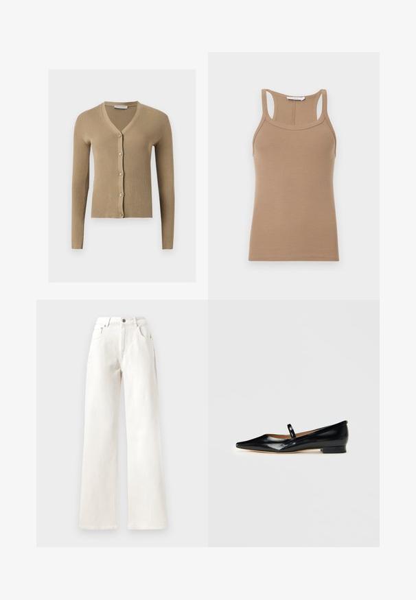 Beige ribstrikket cardigan med V-hals, lange ærmer og fem knapper foran.; Beige ærmeløs tanktop i ribstrik med racerback-design og rund halsudskæring, vist fladt på en lys baggrund.; Hvide vide bukser af denim med knaplukning, bæltestropper og fem-lomme design. Glat overflade med synlig syning.; Sorte patenterede læder Mary Jane flade sko med spids tå, én rem og lav hæl på ensfarvet baggrund.