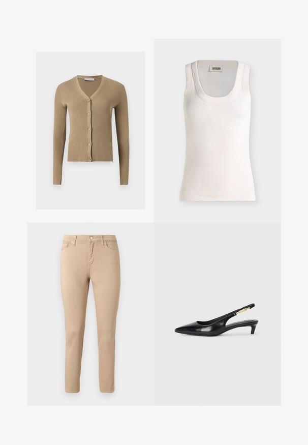Cardigan beige en maille côtelée avec encolure en V, manches longues et cinq boutons à l'avant.; Débardeur blanc côtelé sans manches avec encolure dégagée et étiquette de la marque Drykorn à l'intérieur du col.; Pantalon beige slim-fit avec bouton à l'avant, fermeture éclair, passants pour ceinture et cinq poches, présenté sur un fond clair uni.; Talons hauts en cuir noir avec un bout pointu, dotés d'un talon fin et d'un accent en ton or sur la lanière réglable. Texture lisse.