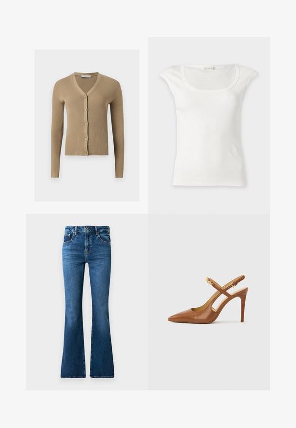 Beige ribstrikket cardigan med V-hals, lange ærmer og fem knapper foran.; Hvid ribbet ærmeløs top med rund halsudskæring og små skulderklapper, vist på en ensfarvet lys baggrund.; Blå denim flared jeans med medium højt liv, fem lommer, diskret falmning og syninger langs sømmene.; Brun læderslingback med høj hæl og spids tå, med krydsede remme og en tekstureret træhæl. Guldaccent på remmen.